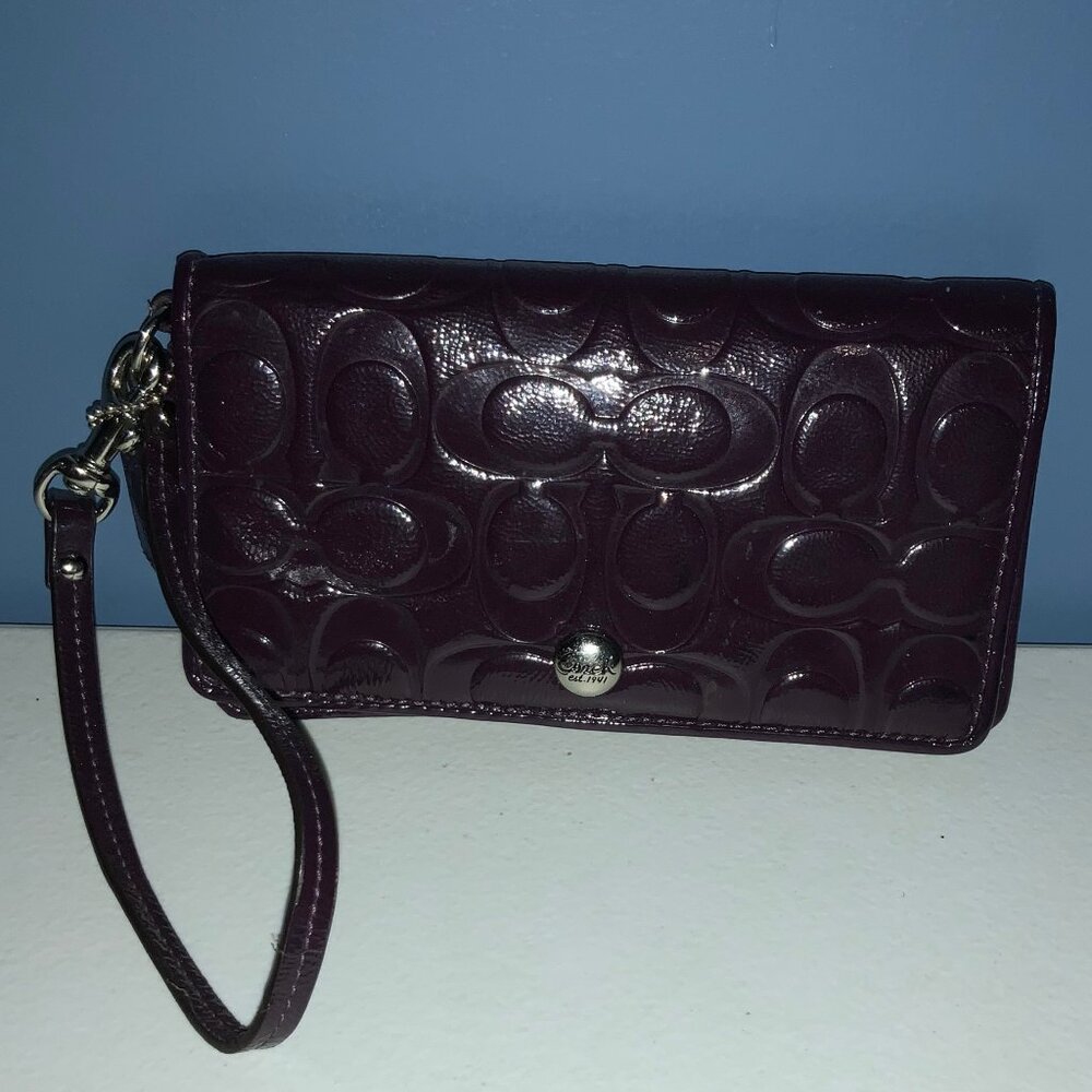 Coach Signature Plum Purple Embossed Patent Wallet Wristlet with Wrist Strap